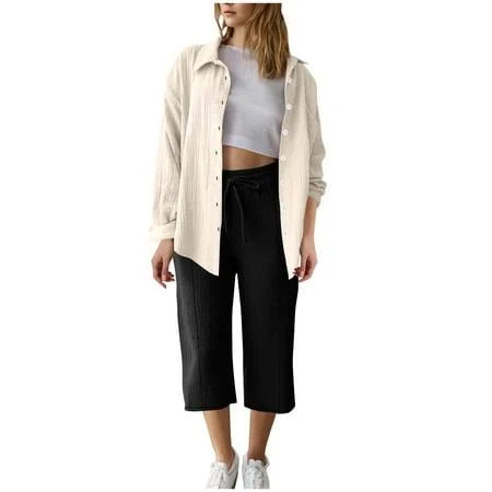 matching set Women's Oversized Cotton Linen Button Down Shirt & Cropped Pants Set Walmart - PrvdeBri $22.43