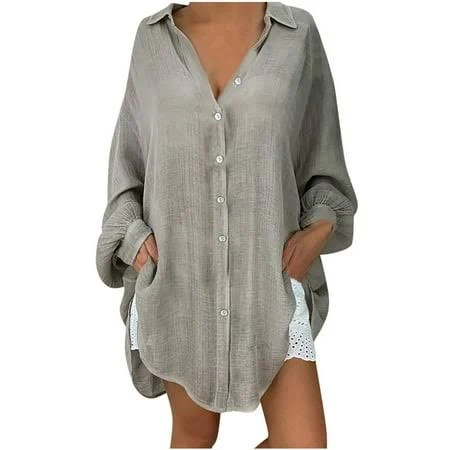 top Women's Oversized Linen Cotton Button Down Shirt Walmart - Ahdbta $12.16