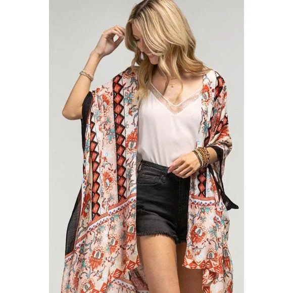 outerwear Women's Peach Diamond Printed Cream Floral Kimono Wrap Coverup Top Women's Summer Vacation Casual Etsy - Seller $26.25