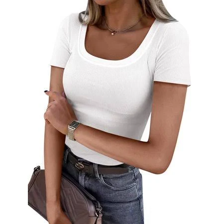 top Women's Ribbed Knit Slim Fitted Short Sleeve Top Walmart - ANRABESS FASHION $14.99