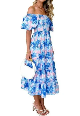 dress Women's Summer Casual Midi Dress Puffy Short Sleeve Square Neck Smocked Tiered Ruffle Dresses Sky Blue Flowers XL Walmart - queenaa $28.07