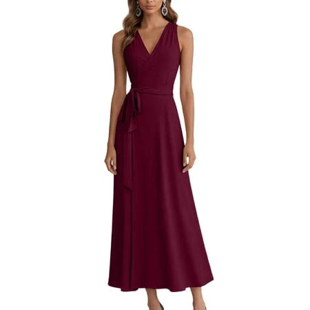 dress Women's Tie Waist Sleeveless V Neck Wrinkle-Resistant Midi Dress Walmart - bbyeadc $25.99