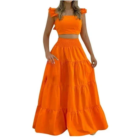 matching set Women's Trendy Boho Flowy Ruffle Tank Tops and Smocked Waist Skirt Walmart - UAMVSH Stores $20.98