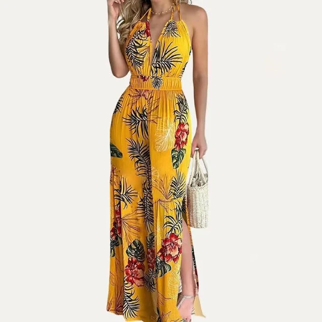 jumpsuit Women's Tropical Leaf Print Halter Wide-Leg Jumpsuit Miss Dressy $40