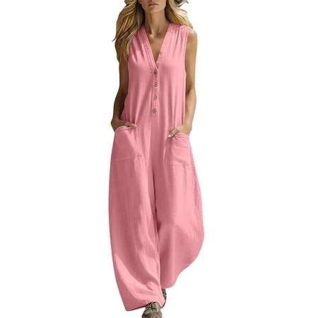 jumpsuit Women's V-Neck Linen Wide Leg Jumpsuit with Pockets Walmart - hujjm $19.99