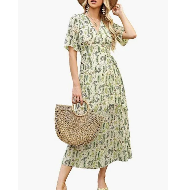 dress Women's V-Neck Wrap Maxi Dress Short Sleeve Paisley Print Flowy Dress, Size: Medium, Green Kohl's $32.99