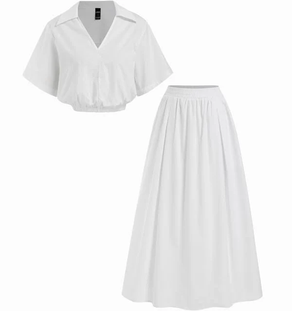 outfits Woven Cotton V-Neck Short Sleeve Top & Mid Rise Flared Maxi Skirt Set Cider $52.9
