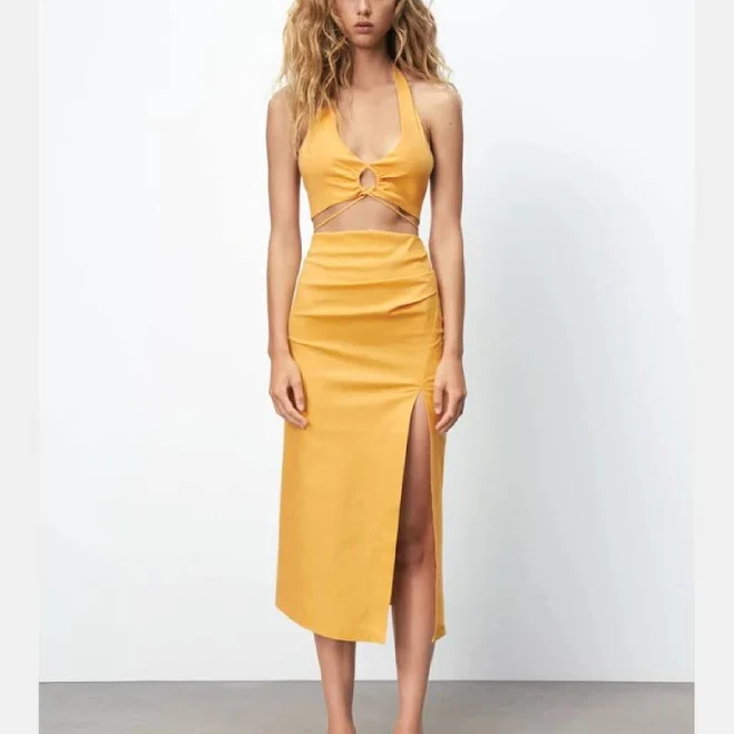 matching set Zara Dresses | Zara Orange Linen Blend Halter Crop Top & Ruched Midi Skirt Set New With | Color: Orange | Size: Xs, M | Kdlyn1488's Closet Poshmark $75