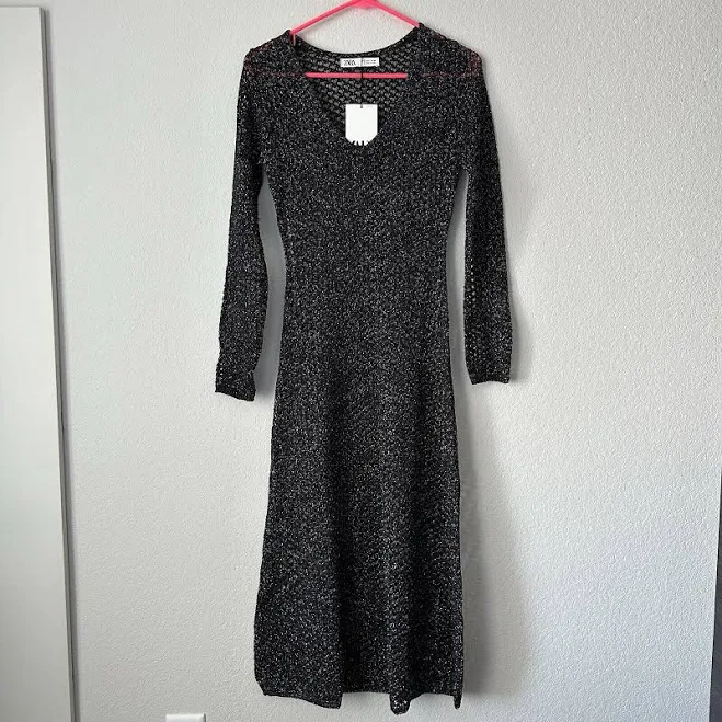 dress Zara Knit Midi Black Dress with Metallic Silver Thread 8146/107 Small eBay - cmhstyles $65