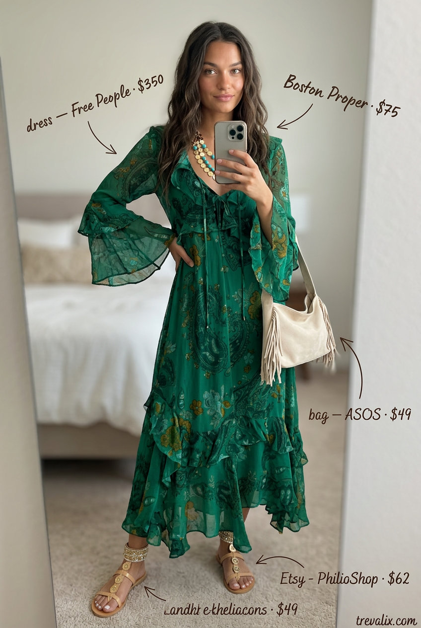 Bohemian Maxi Dress for Summer Festivals 2026. Emerald green paisley.