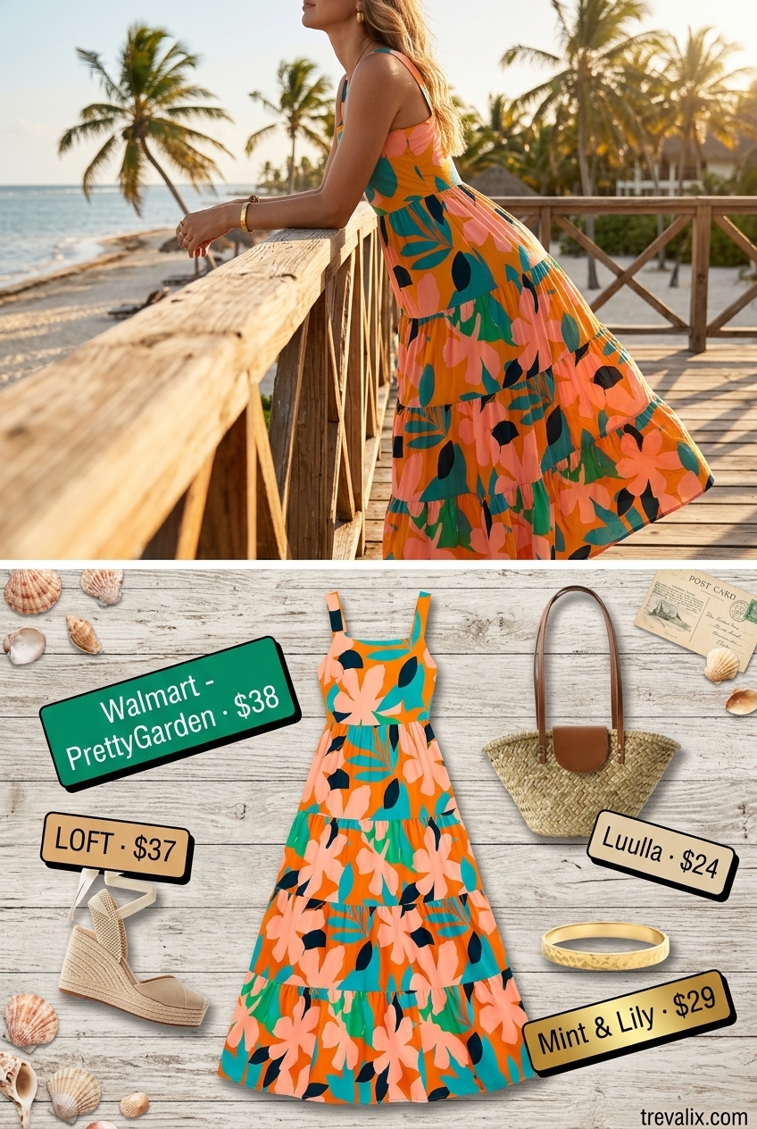 Retro summer outfits for women 2026: Marigold floral maxi dress, straw tote, and espadrille wedges for a bohemian vacation look.