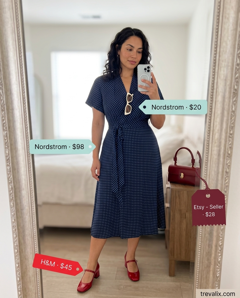 Retro Polka Dot Midi Dress for a Summer Luncheon. Navy blue, white, red outfit.
