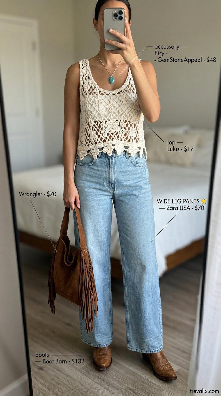 Retro summer wide leg pants outfits for women 2026: Light wash denim jeans, cream crochet top, brown fringe bag, and cowboy boots for a coastal cowgirl look.
