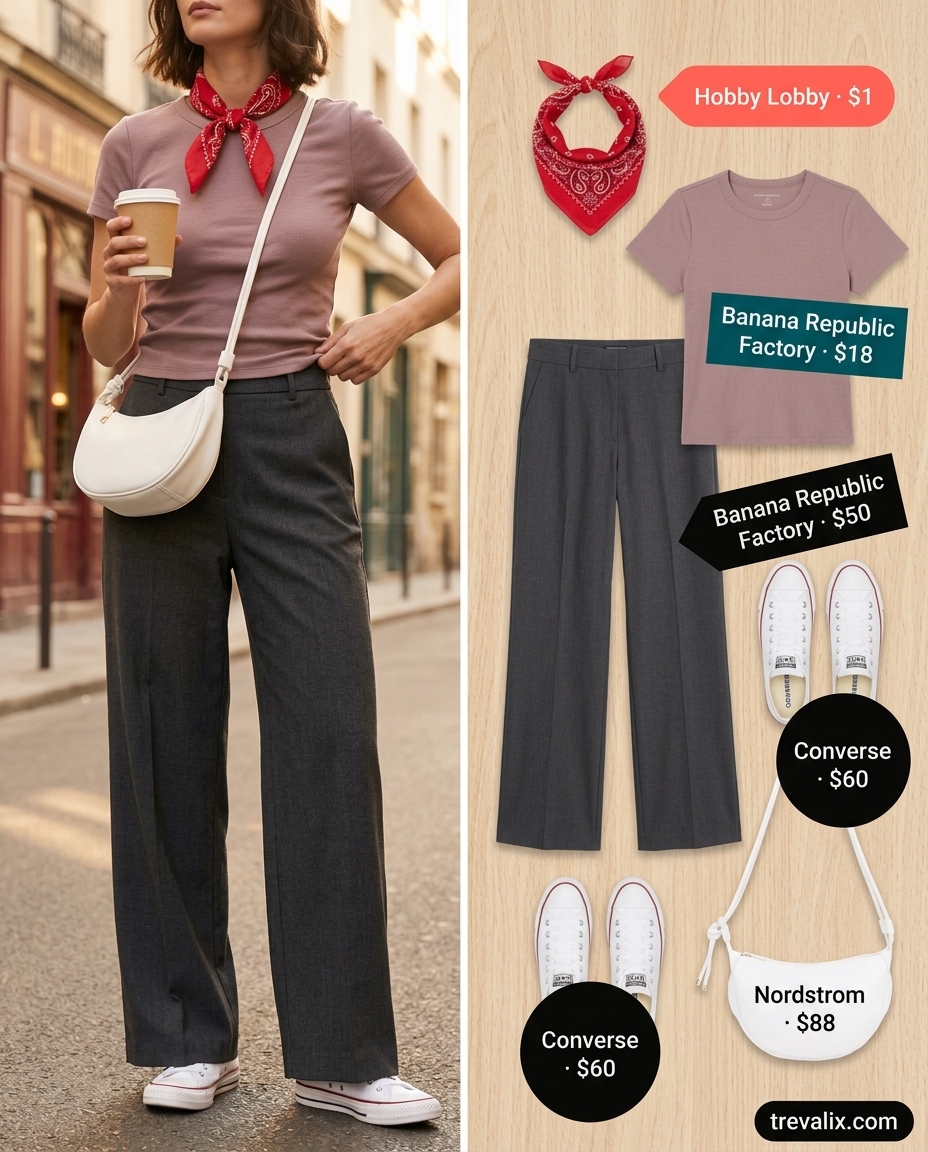 Retro summer wide leg pants outfits for women 2026: Denim wide leg pants, blush pink knit top, red bandana, and white sneakers for a casual weekend.