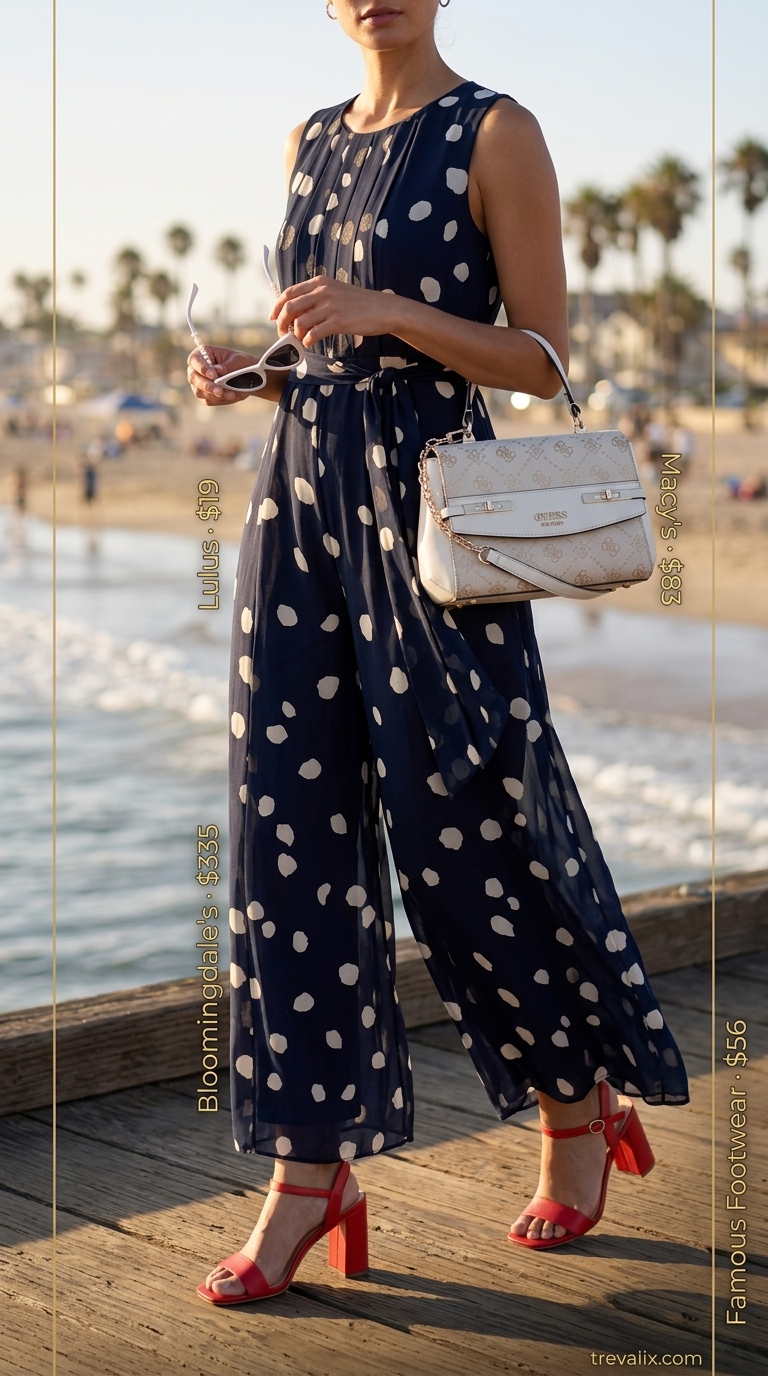 Retro summer wide leg pants outfits for women 2026: Navy polka dot jumpsuit, red block heels, white sunglasses, and top-handle bag for a playful vacation look.