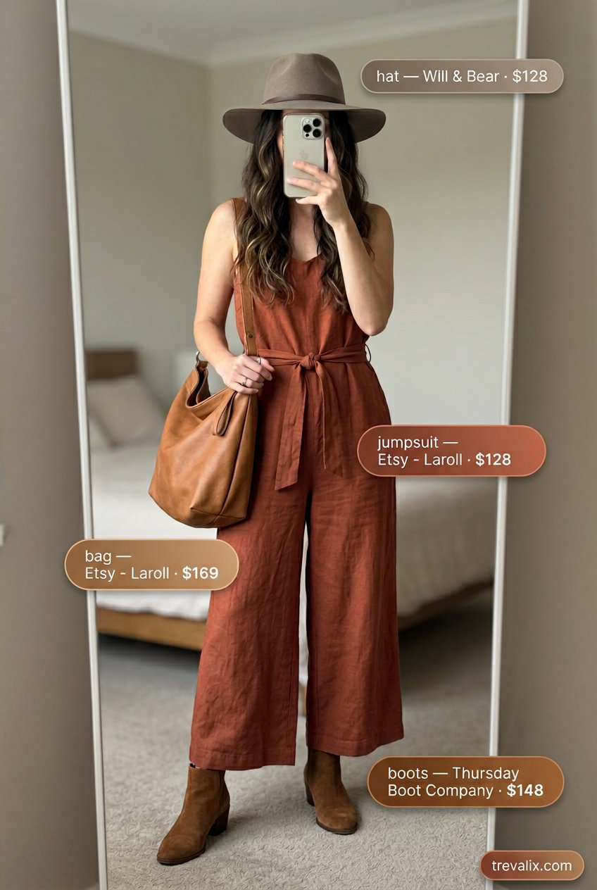 Retro summer wide leg pants outfits for women 2026: Terracotta utility jumpsuit, brown boots, cream bag, and felt hat for casual exploration.