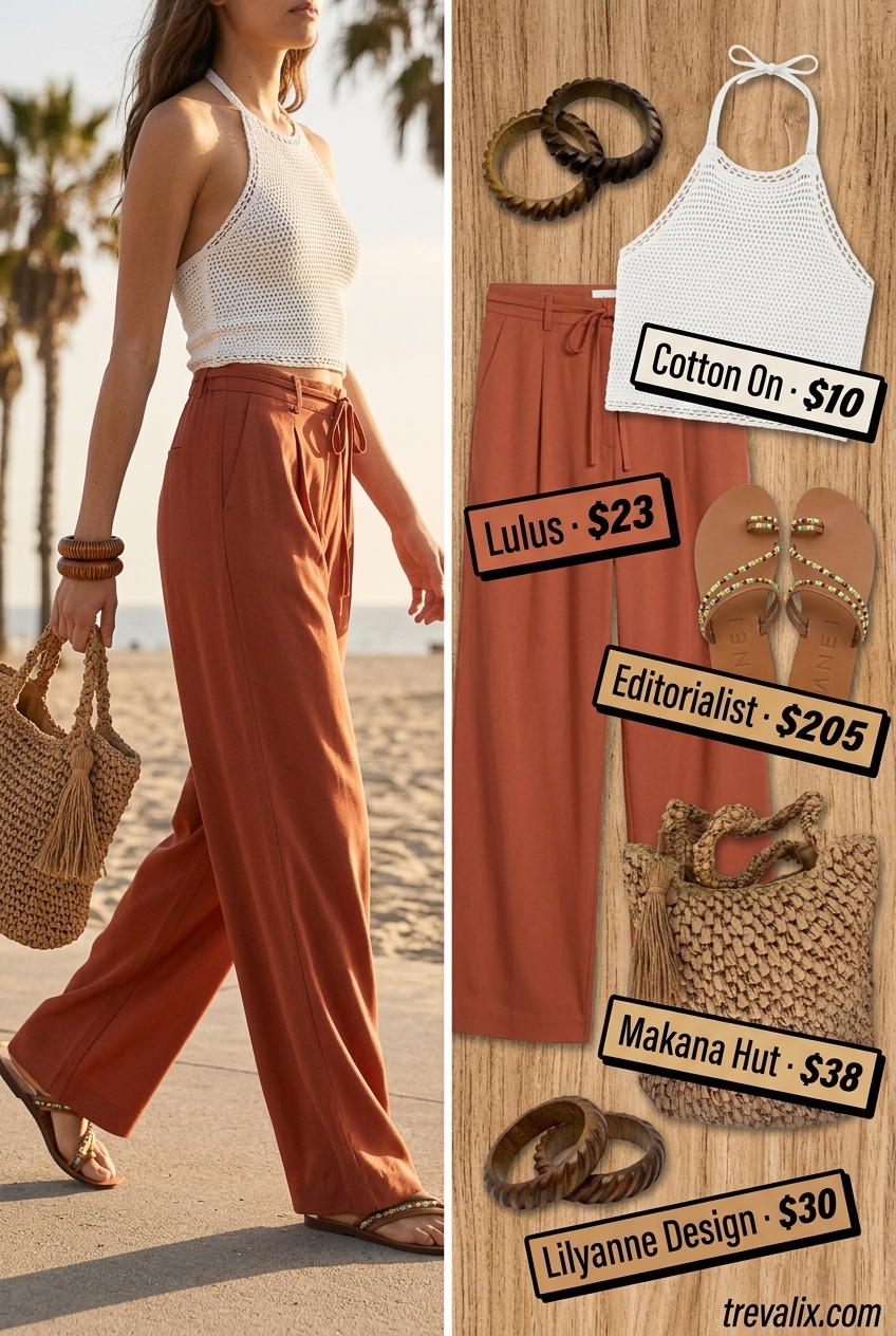 Bohemian Rhapsody Palazzo Pants Outfit for Women 2026. Rust orange and cream.