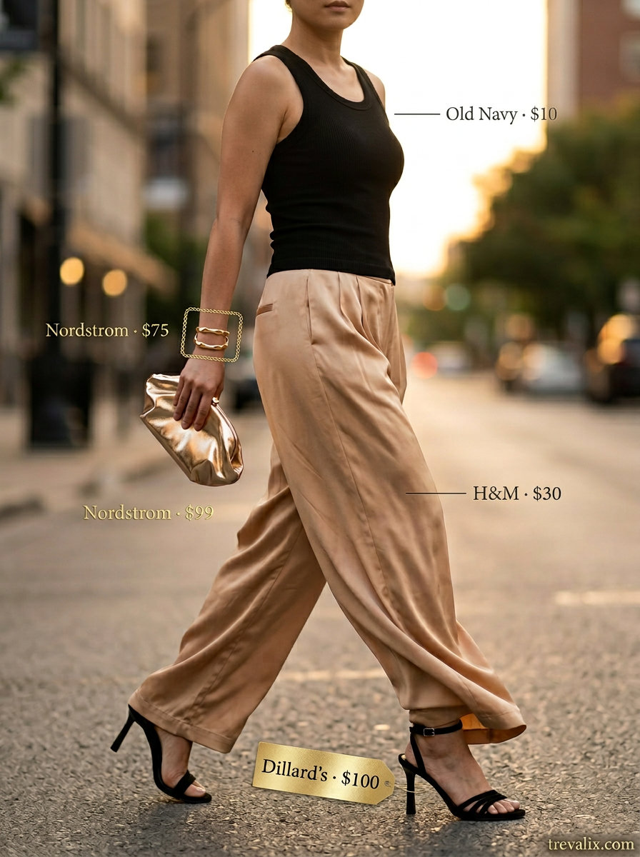 Retro summer wide leg pants outfits for women 2026: Camel satin wide leg pants, black tank top, gold accessories, and heeled sandals for an evening event.