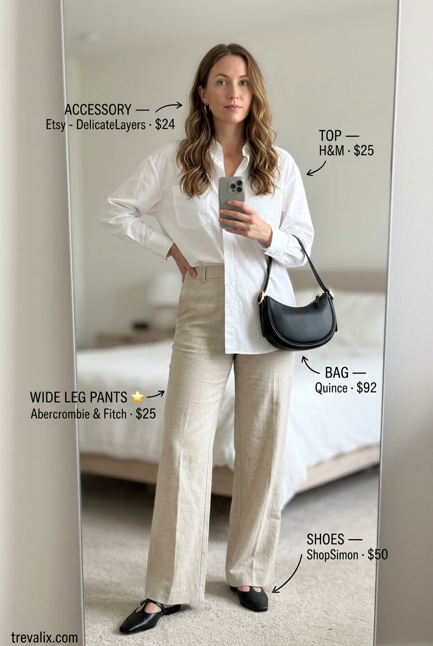 Modern Minimalist Wide-Leg Pants Outfit for Women 2026. Beige and white.
