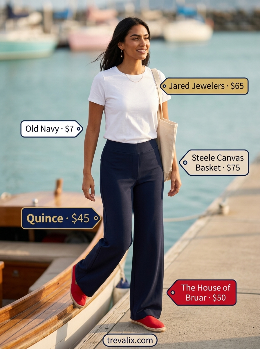 Retro summer wide leg pants outfits for women 2026: Navy and white striped wide leg pants, white tee, red espadrilles, and canvas tote for a nautical vibe.