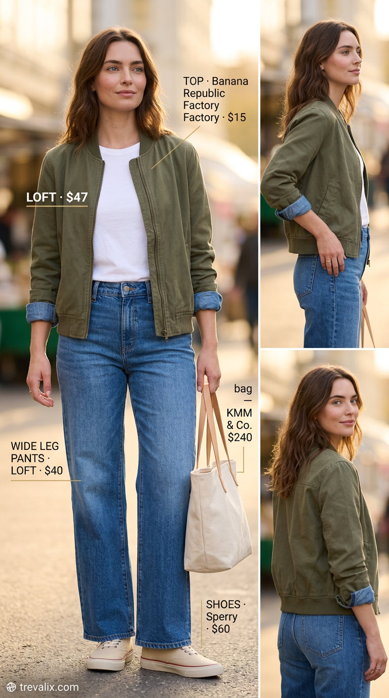 Cool retro summer wide leg pants outfits for women 2026: Denim wide leg jeans with white tee, bomber jacket and sneakers.