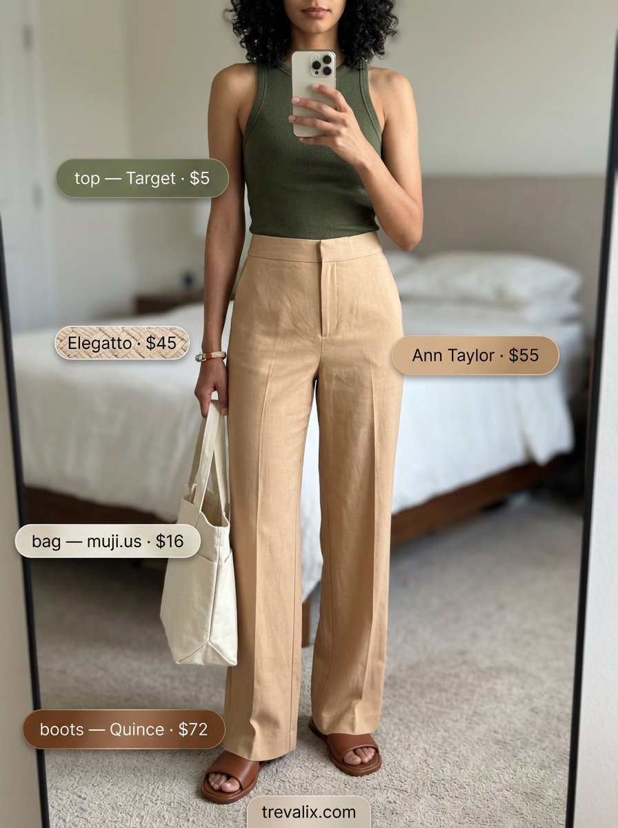 Casual retro summer wide leg pants outfits for women 2026: Natural beige linen pants with olive tank and tan slides for everyday.