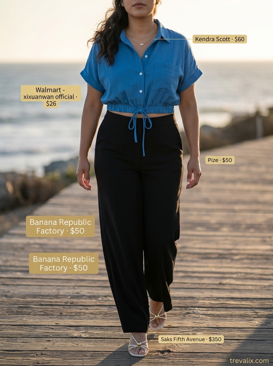 Sophisticated retro summer wide leg pants outfits for women 2026: Ocean blue linen set with white accessories for a summer event.