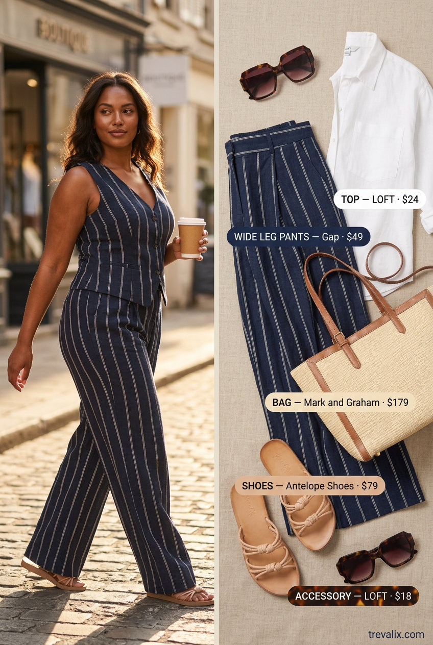 Classic retro summer wide leg pants outfits for women 2026: Navy and white striped linen pants with white shirt and slides.