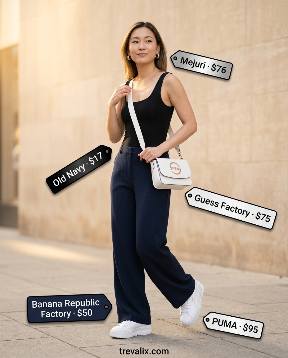 Playful retro summer wide leg pants outfits for women 2026: Navy and teal print culottes with black bodysuit and white platforms.