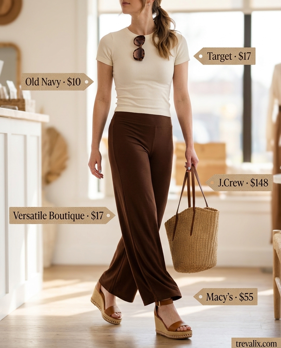 Playful retro summer wide leg pants outfits for women 2026: Multicolor floral pants with white tee and espadrilles for vacation.