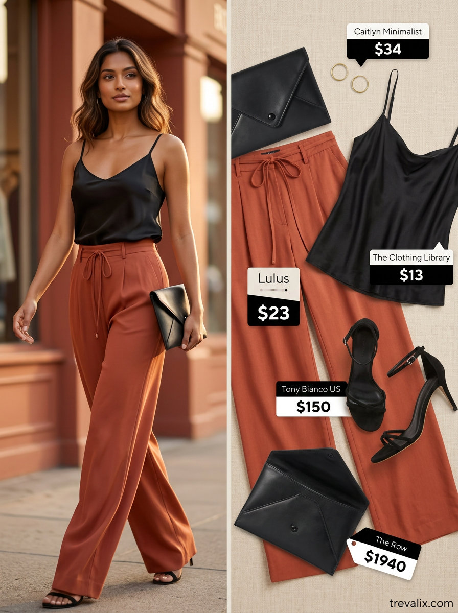Romantic retro summer wide leg pants outfits for women 2026: Terracotta flowing pants with black cami and heels for date night.