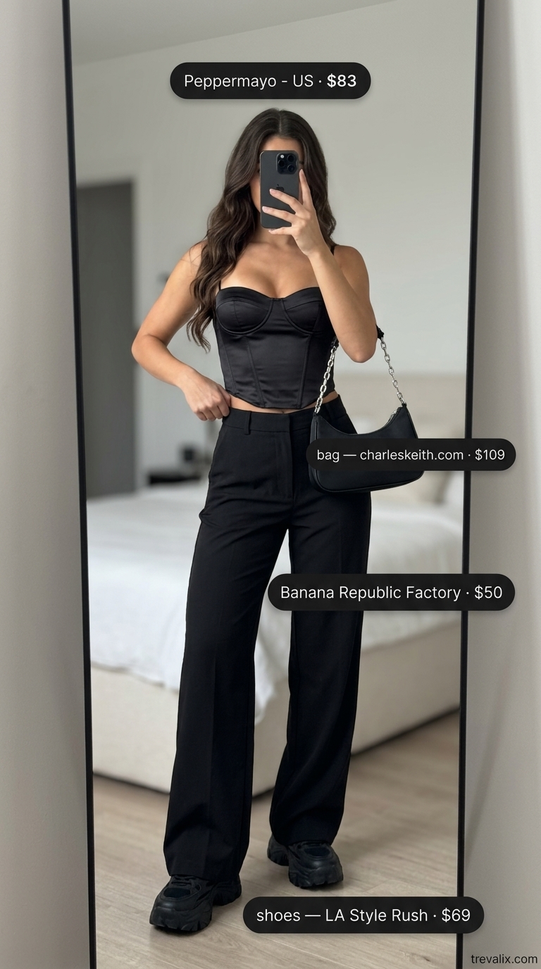 Edgy retro summer wide leg pants outfits for women 2026: Black wide leg pants with corset top and platform sneakers for a night out.