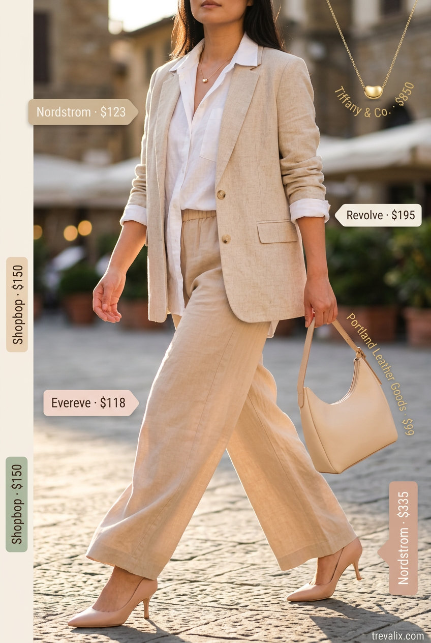 Chic retro summer wide leg pants outfits for women 2026: Floral print pants with white shirt and beige blazer for work.