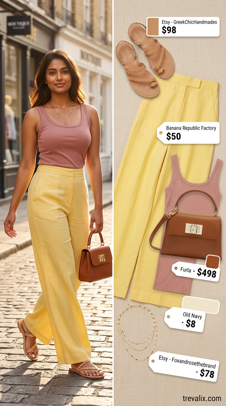 Retro Riviera Wide-Leg Pants Outfit for Women 2026. Lemon yellow and cream.