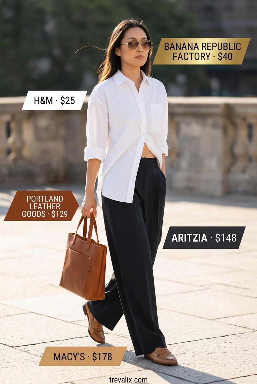 Retro summer wide leg pants outfits for women 2026: Yellow wide leg pants, white button-down shirt, brown loafers, and aviator sunglasses for a sunny day.