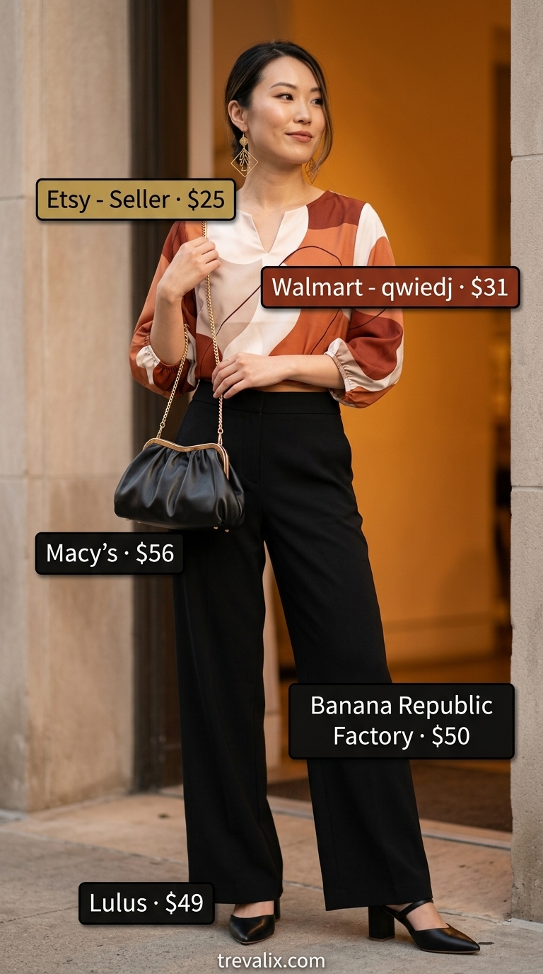 Retro summer wide leg pants outfits for women 2026: Burnt orange matching set with wide leg pants, cropped shirt, black mules, and clutch for a summer party.