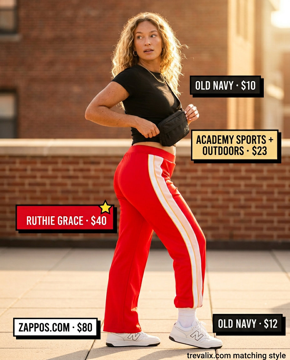 Retro summer wide leg pants outfits for women 2026: Red, white, navy track pants, black crop top, athletic sneakers, and belt bag for a sporty look.