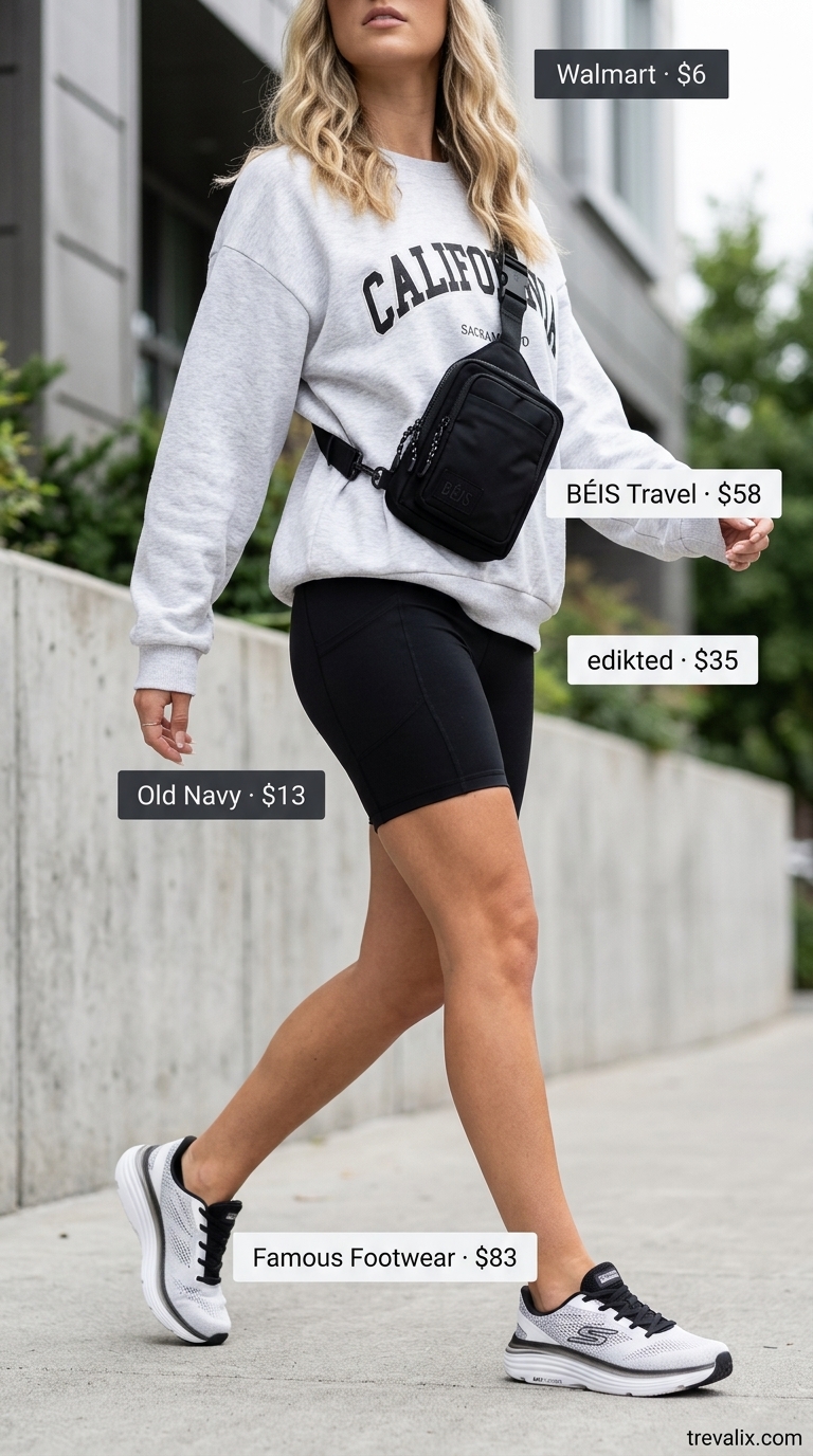 Athleisure Shorts Outfit 2026: Sporty Chic Style Short outfits summer for women 2026: Black biker shorts, graphic sweatshirt, baseball cap, sneakers for athleisure.