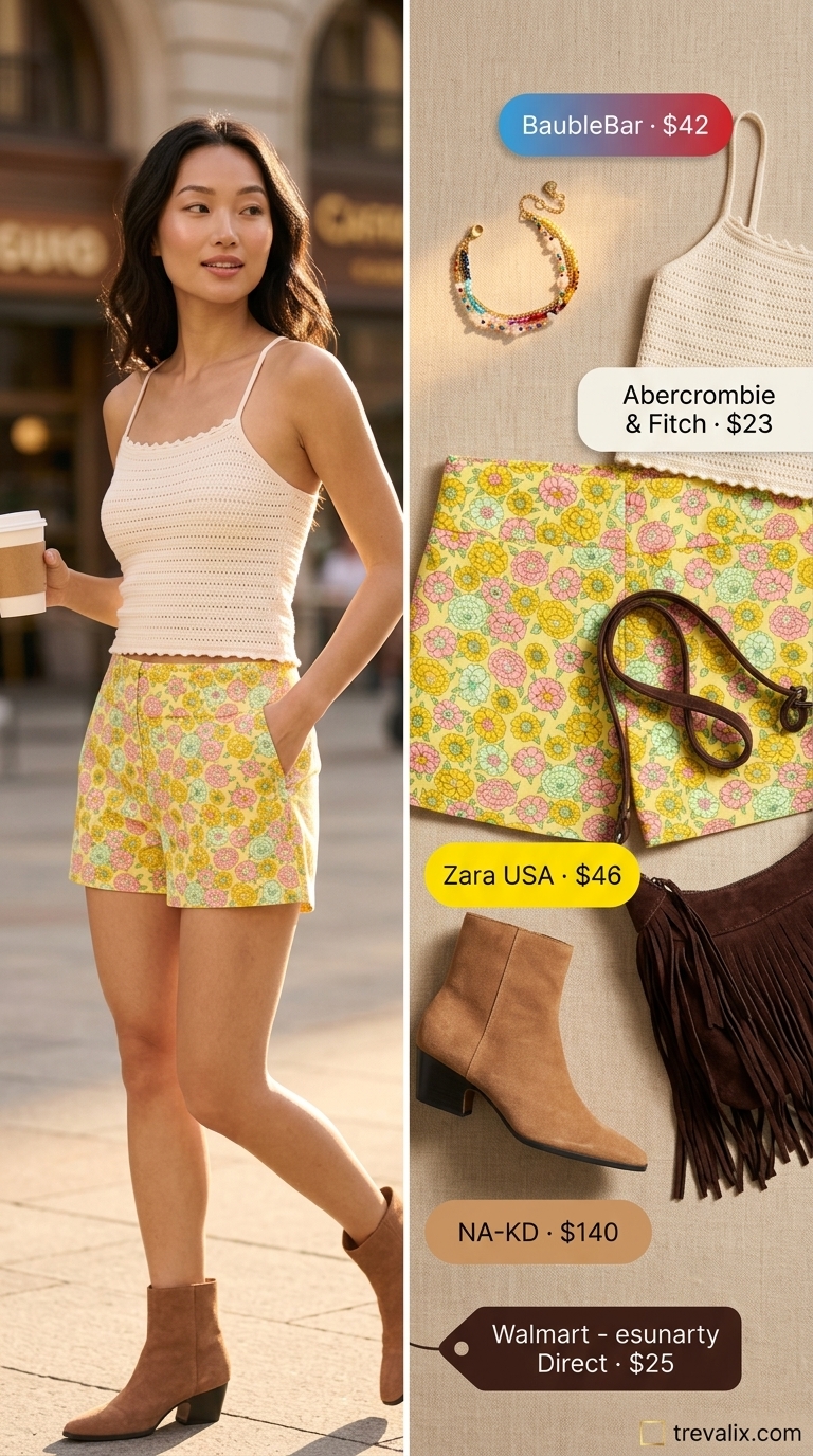 Boho Flowy Shorts Outfits Summer for Women 2026 Boho flowy shorts outfit: multicolor floral shorts, crochet top, suede boots, and fringed bag. Short outfits summer for women 2026.