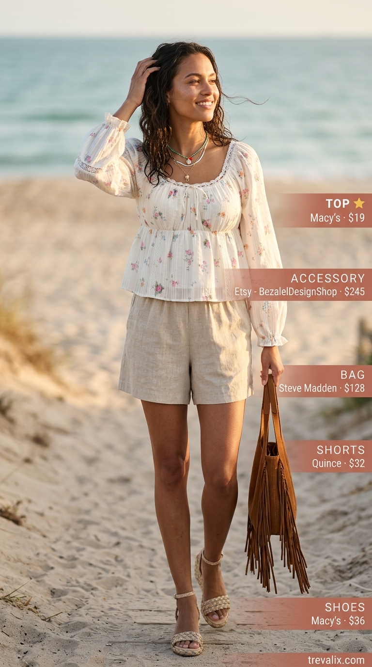 Boho Beach Shorts Outfit 2026: Relaxed Summer Style Short outfits summer for women 2026: Boho linen shorts, floral peasant blouse, layered necklaces, espadrilles for beach.