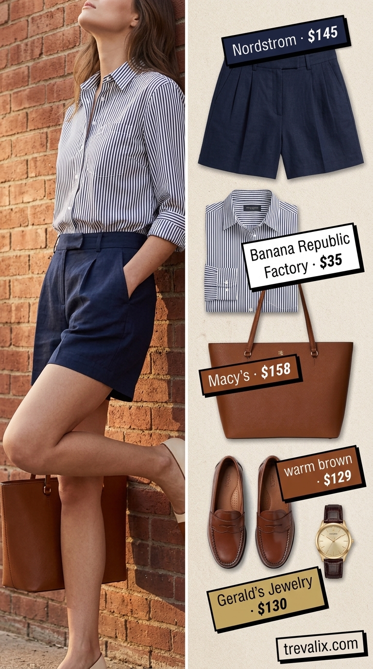 Polished Brunch Short Outfits for Women 2026 Tailored shorts outfit for women 2026: brunch style with navy shorts, striped shirt, and loafers.