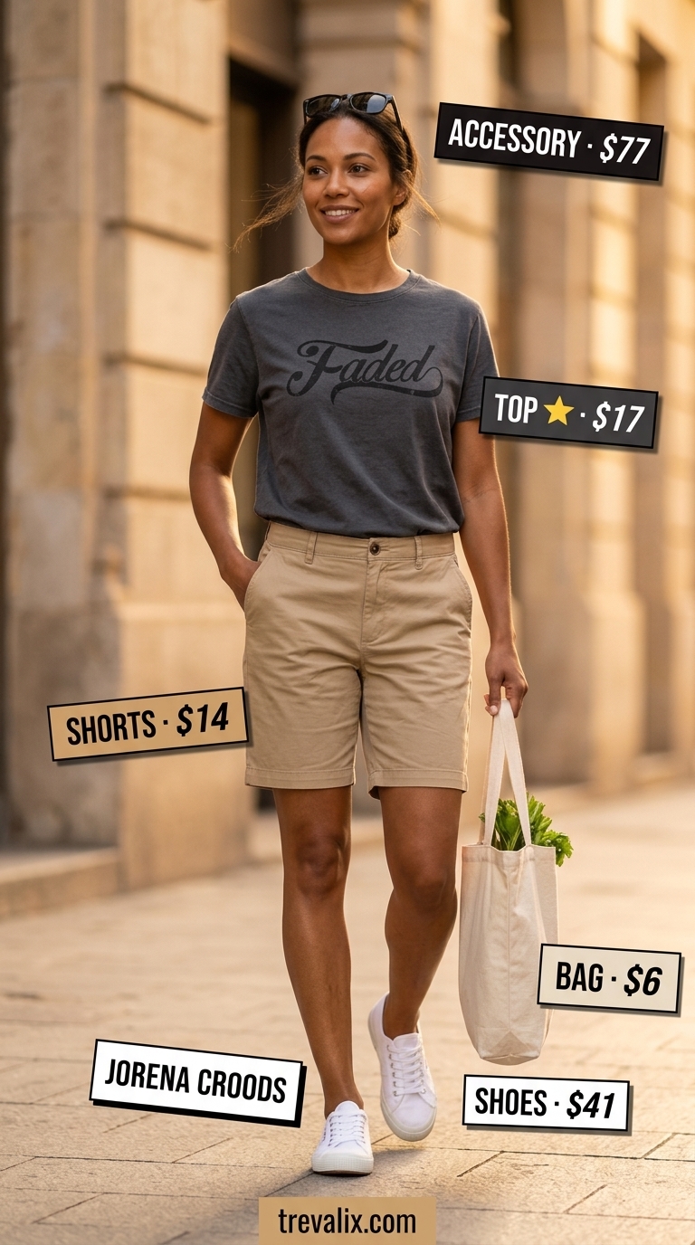 Casual Comfort Short Outfits Summer for Women 2026 Casual comfort outfit: khaki chino shorts, grey graphic tee, white sneakers, and canvas tote. Short outfits summer for women 2026.