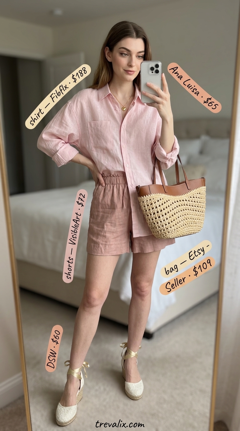 Chic Linen Shorts Set Outfits Summer for Women 2026 Chic linen shorts set: blush pink linen shorts and top, espadrille wedges, and straw tote. Short outfits summer for women 2026.