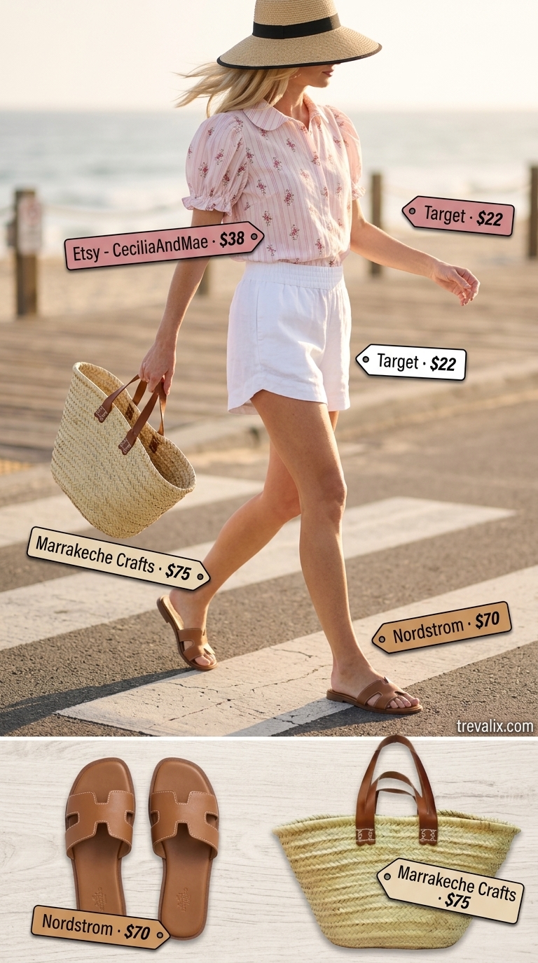 Coastal Breeze Short Outfits Summer for Women 2026 Coastal breeze outfit: white linen shorts, floral blouse, straw hat, tan sandals, and straw tote. Short outfits summer for women 2026.