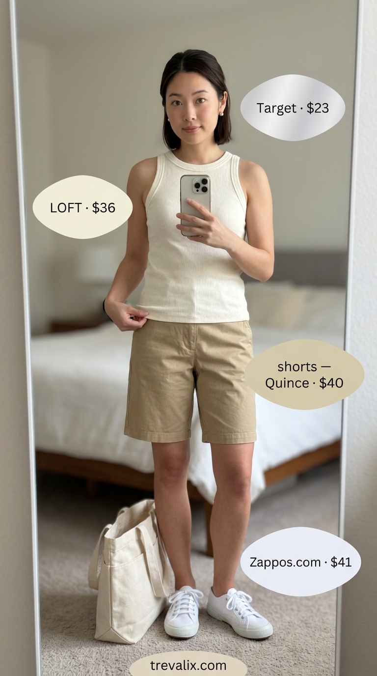 Bermuda Shorts Outfit 2026: Casual Weekend Style Short outfits summer for women 2026: Khaki Bermuda shorts, cream tank, canvas sneakers, tote bag for weekend getaway.