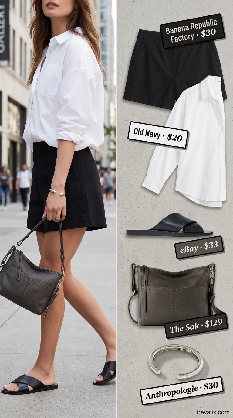 Modern Minimalist Short Outfits Summer for Women 2026 Modern minimalist outfit: black tailored shorts, white oversized shirt, grey crossbody bag, and flat sandals. Short outfits summer for women 2026.