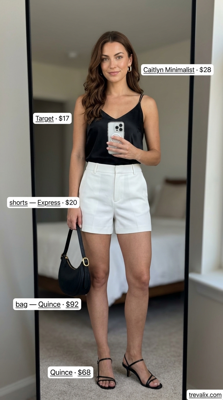 Modern Minimalist Short Outfits for Women 2026 White tailored shorts outfit for women 2026: minimalist evening look with black cami and strappy heels.