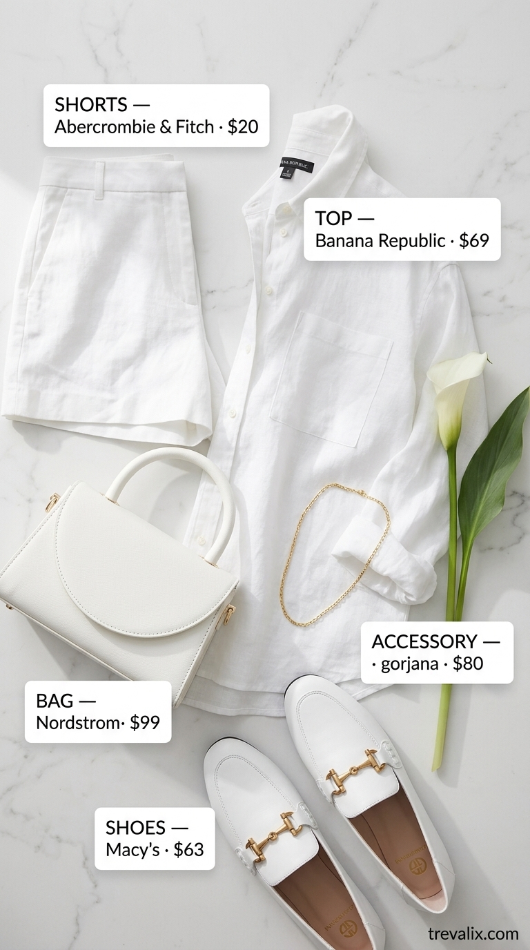 Monochrome Linen Shorts Outfit 2026: Chic Minimalist Style Short outfits summer for women 2026: All white linen shorts, linen shirt, loafers, top-handle bag for chic day out.