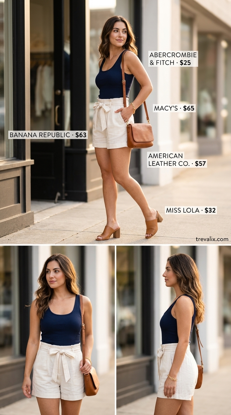Chic Paperbag Waist Short Outfits for Women 2026 Paperbag waist shorts outfit for women 2026: smart casual with navy top, white shorts, and block heels.
