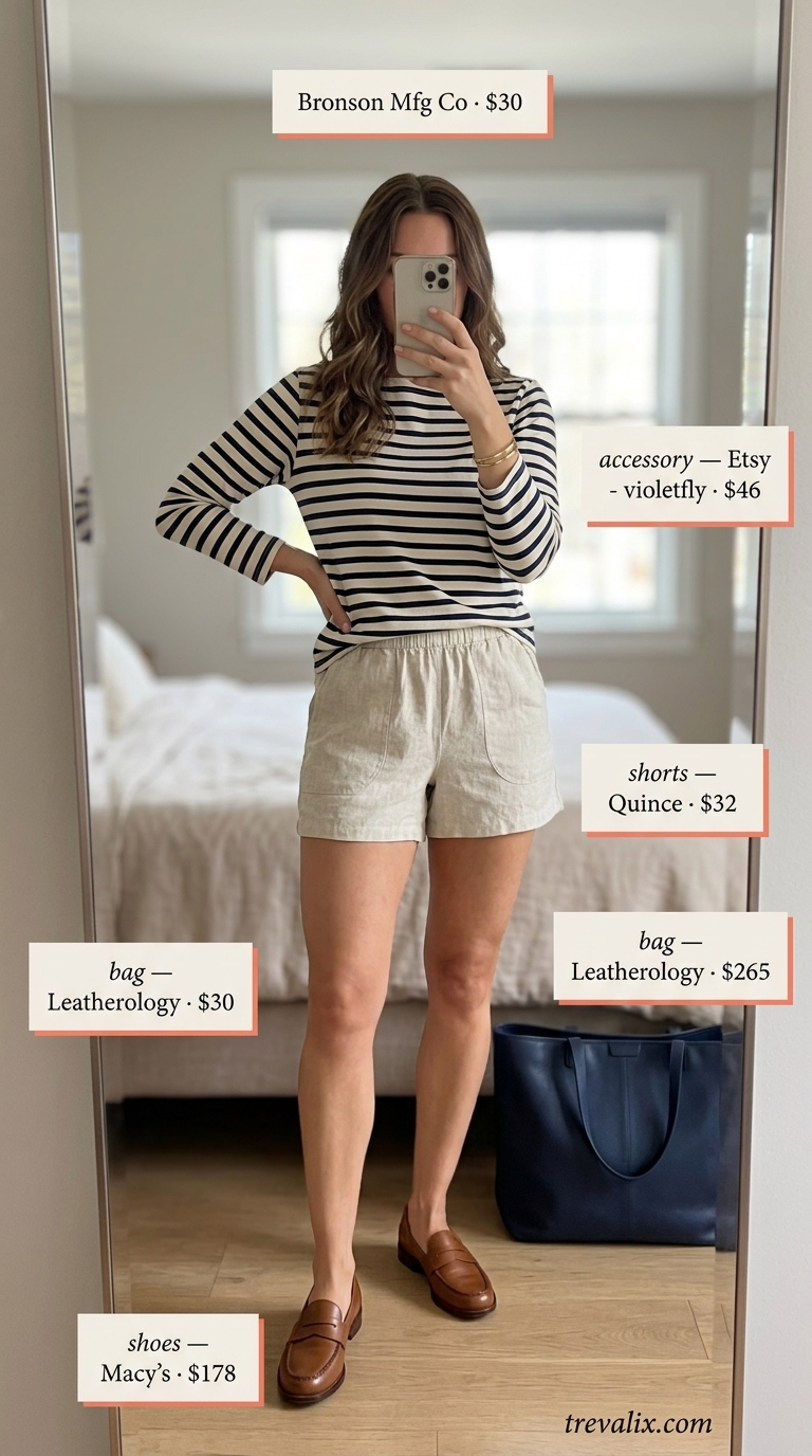 Preppy Cruise Outfit 2026: Nautical Shorts Style Short outfits summer for women 2026: Preppy navy shorts, white stripe top, loafers, gold bangle for a summer cruise.